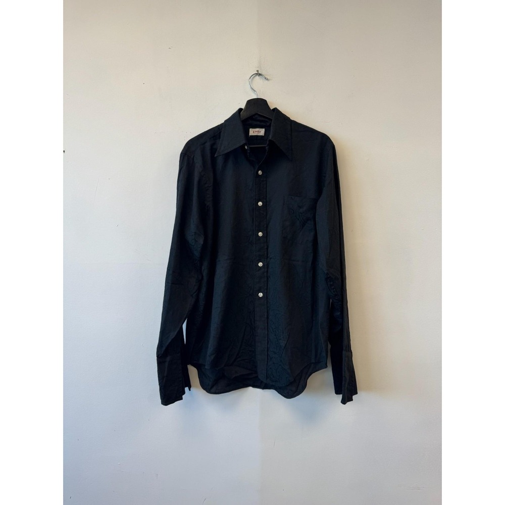 Vintage Enro Shirt Mens Large Black Paisley‎ Jacquard Long Sleeve Dress 70s